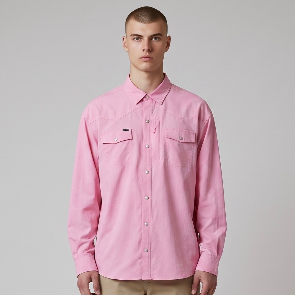 Poncho Fishing Shirt Mens XL Pink Western Snap Long Sleeve Vented Performance